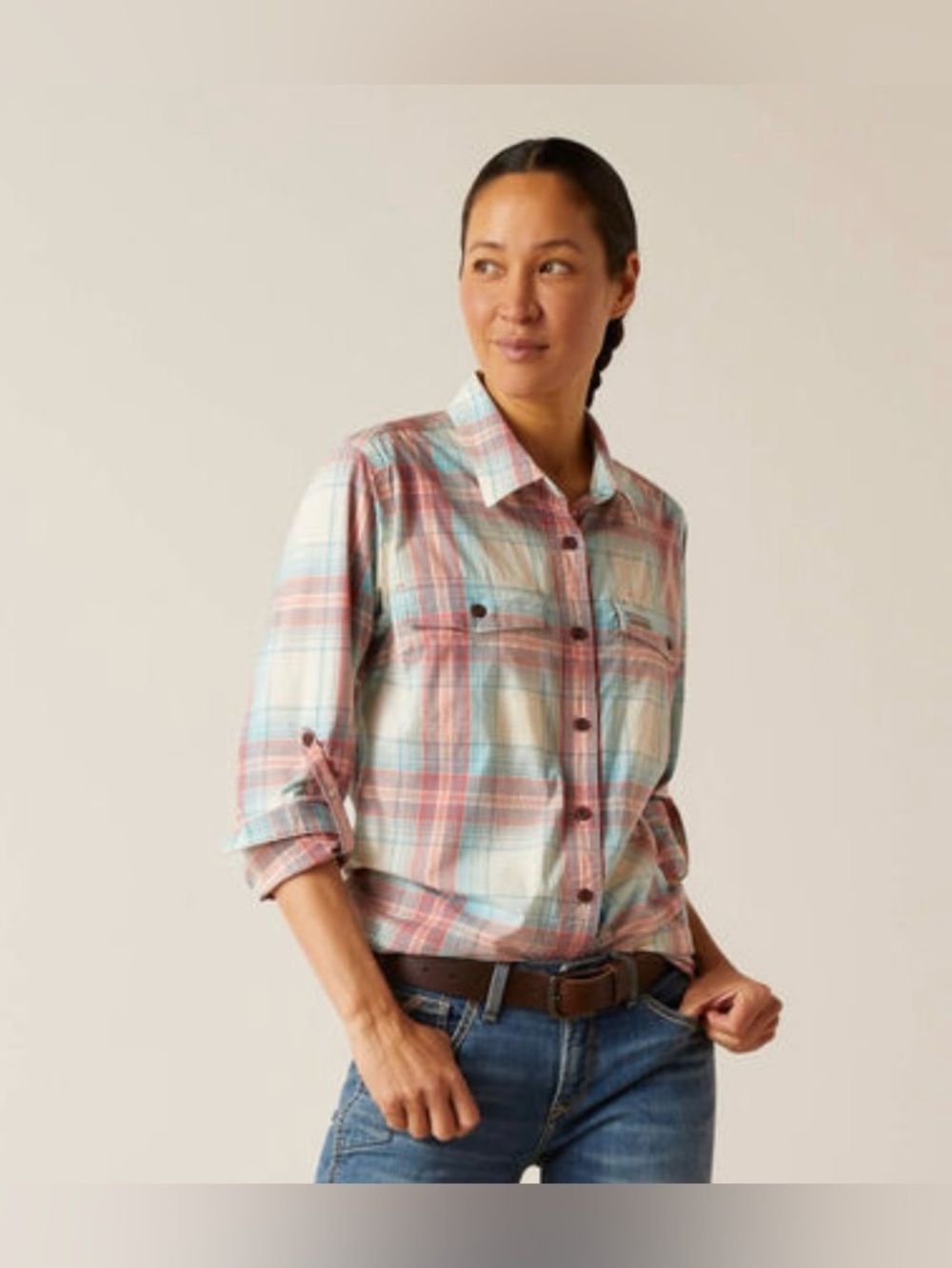 Ariat Rebar women’s plaid button down long sleeve, Large